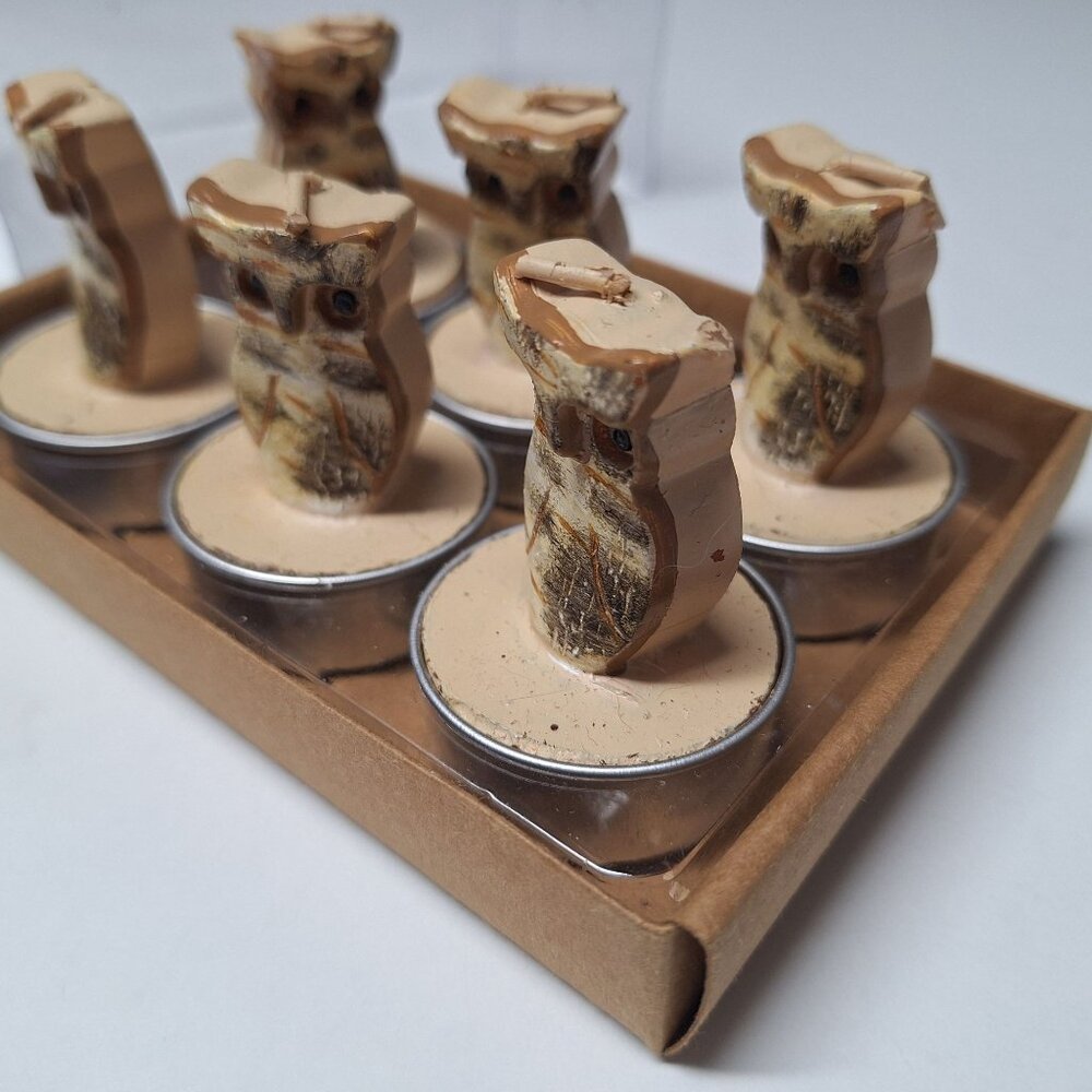 Owl Shaped Tealight‎ Candles Set Of 6 Tree Birch Bark Design Rustic Painted